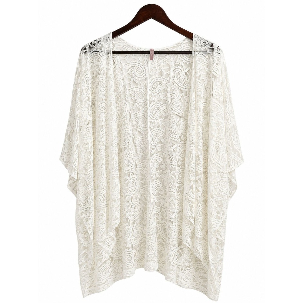 Mauve Ivory Lace Kimono L Cardigan Open Front Boho Sheer Paisley Cover Up E3